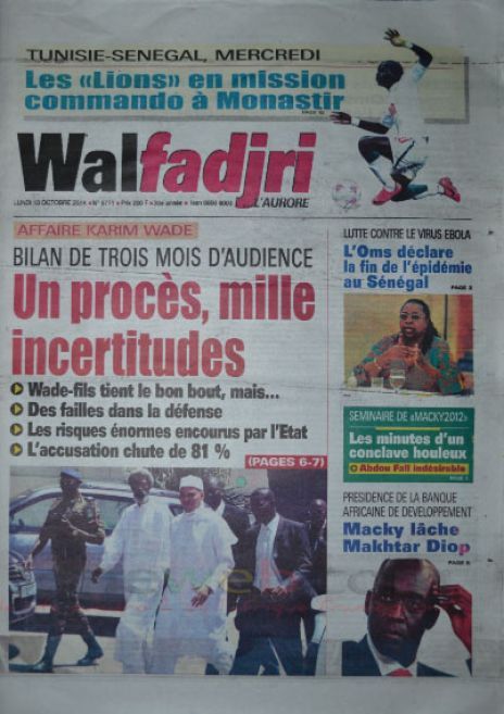 A la Une du Journal Walfadjri du lundi 13 octobre 2014
