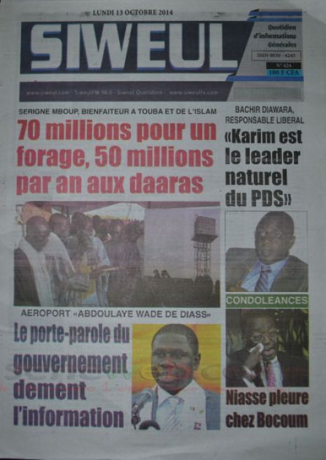 A la Une du Journal Siweul du lundi 13 octobre 2014