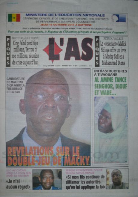 A la Une du Journal L'As du lundi 13 octobre 2014