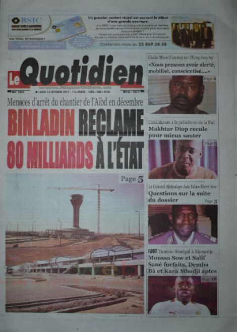 A la Une du Journal Le Quotidien du lundi 13 octobre 2014 