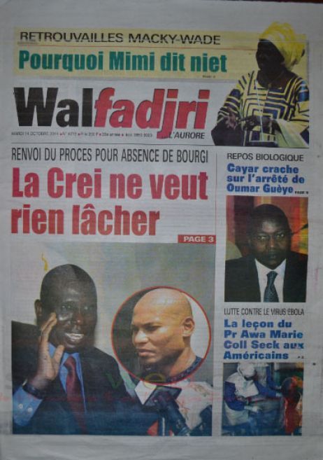 A la Une du Journal Walfadjri du mardi 14 octobre 2014