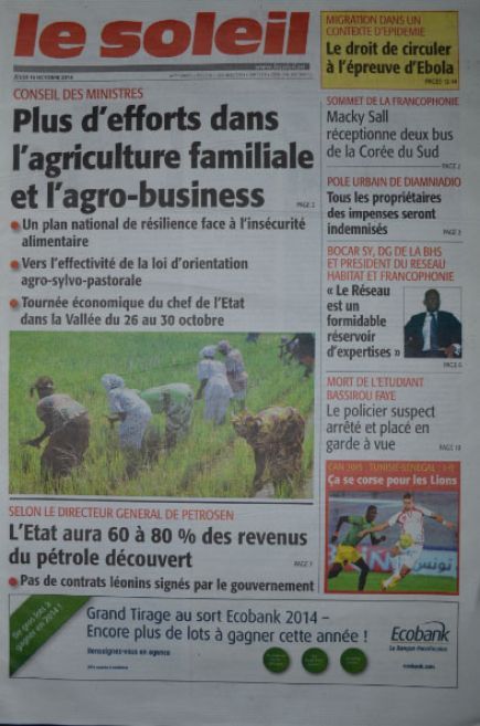 A la Une du Journal Le Soleil du jeudi 16 octobre 2014