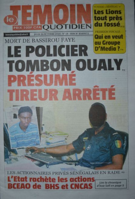 A la Une du Journal Le Témoin du jeudi 16 octobre 2014