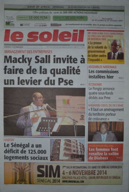 A la Une du Journal Le Soleil du vendredi 17 octobre 2014