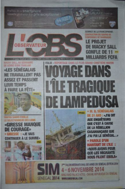 A la Une du Journal L'Observateur du lundi 20 octobre 2014