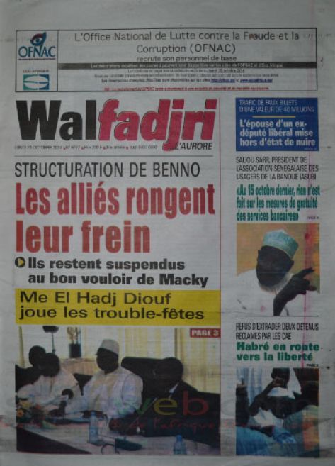 A la Une du Journal Walfadjri du lundi 20 octobre 2014