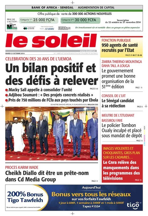 A la Une du Journal Le Soleil du mardi 21 octobre 2014