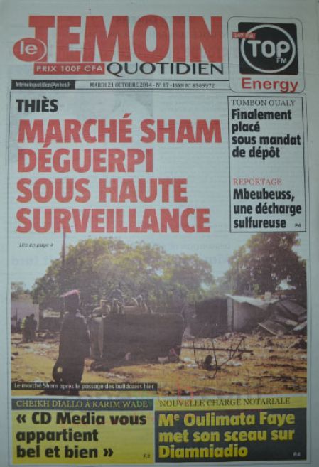 A la Une du Journal Le Témoin du mardi 21 octobre 2014