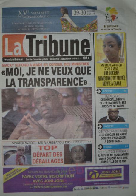 A la Une du Journal La Tribune du jeudi 23 octobre 2014