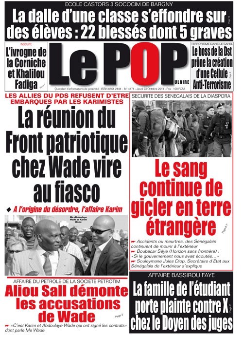 A la Une du Journal Le Populaire du jeudi 23 octobre 2014