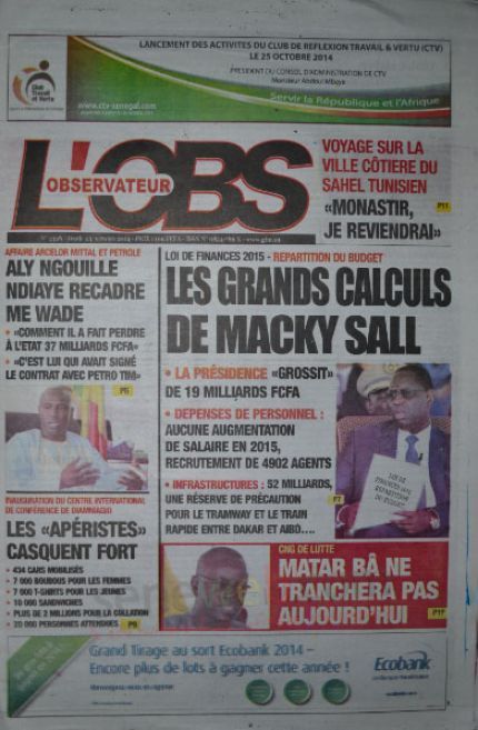 A la Une du Journal L'Observateur du jeudi 23 octobre 2014