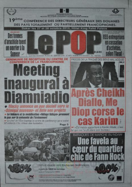 A la Une du Journal Le Populaire du vendredi 24 octobre 2014