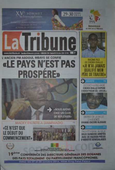  A la Une du Journal La Tribune du vendredi 24 octobre 2014