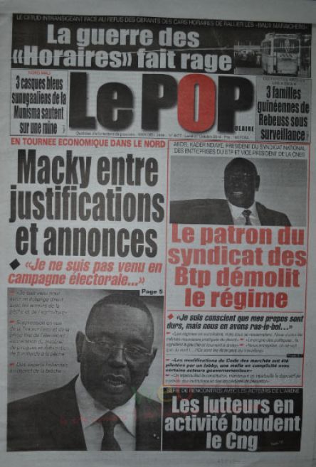 A la Une du Journal Le Populaire du lundi 27 octobre 2014