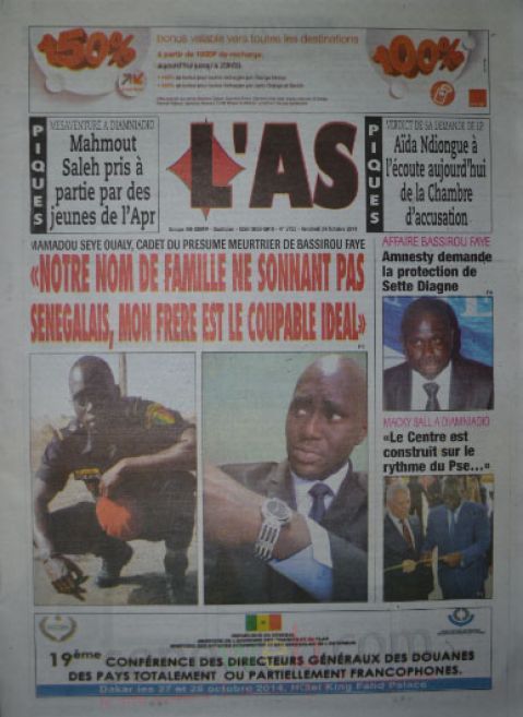 A la Une du Journal L'As du lundi 27 octobre 2014