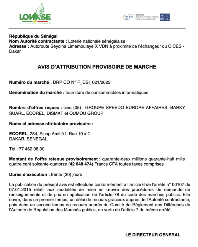 LONASE: AVIS D’ATTRIBUTION PROVISOIRE DE MARCHE