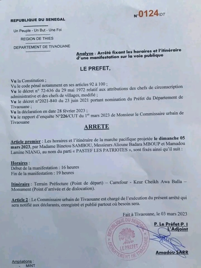 Tivaouane: La manifestation de Pastef, prévue ce dimanche, autorisée Tivaouane: La manifestation de Pastef, prévue ce dimanche, autorisée