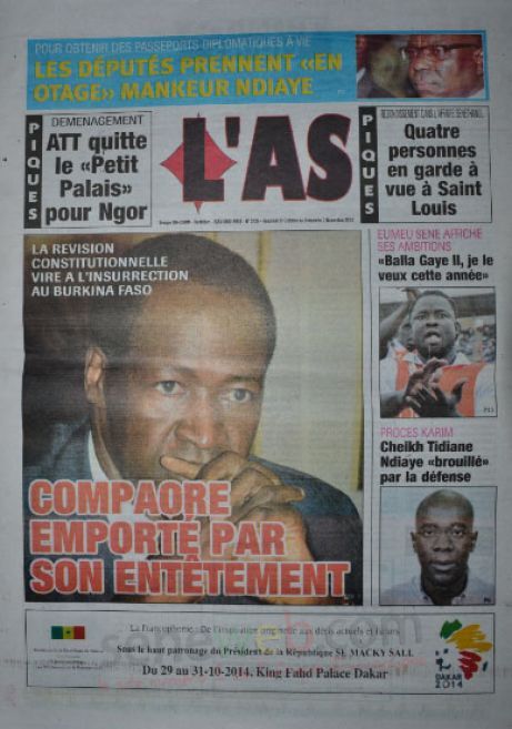A la Une du Journal L'As du vendredi 31 octobre 2014