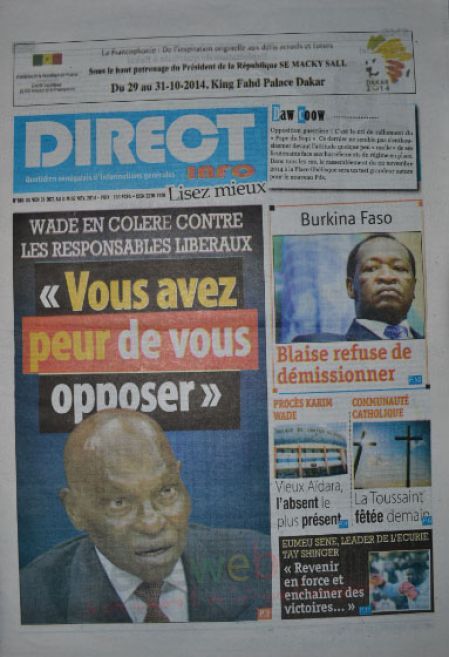 A la Une du Journal Direct Info du vendredi 31 octobre 2014