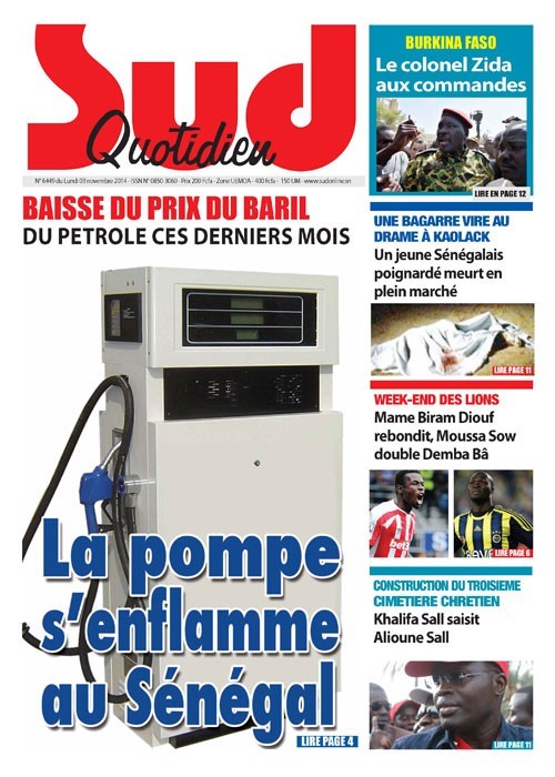 A la Une du Journal Sud Quotidien du lundi 03 novembre 2014 
