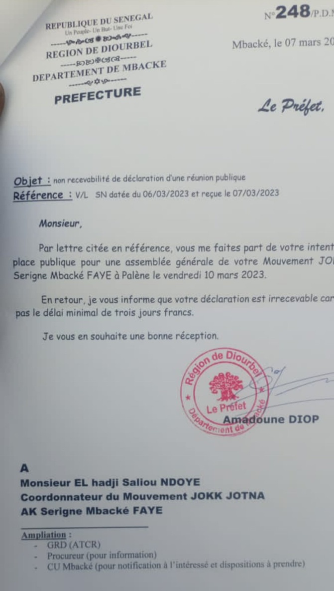 Mbacké: Le préfet Amadoune Diop interdit un meeting d'investiture de Macky Sall