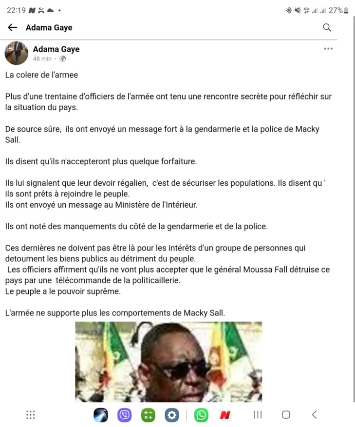 Fake new/ Eventuelle colère de l’Armée: Adama Gaye, planqué à l’étranger fait preuve d’irresponsabilité illimitée