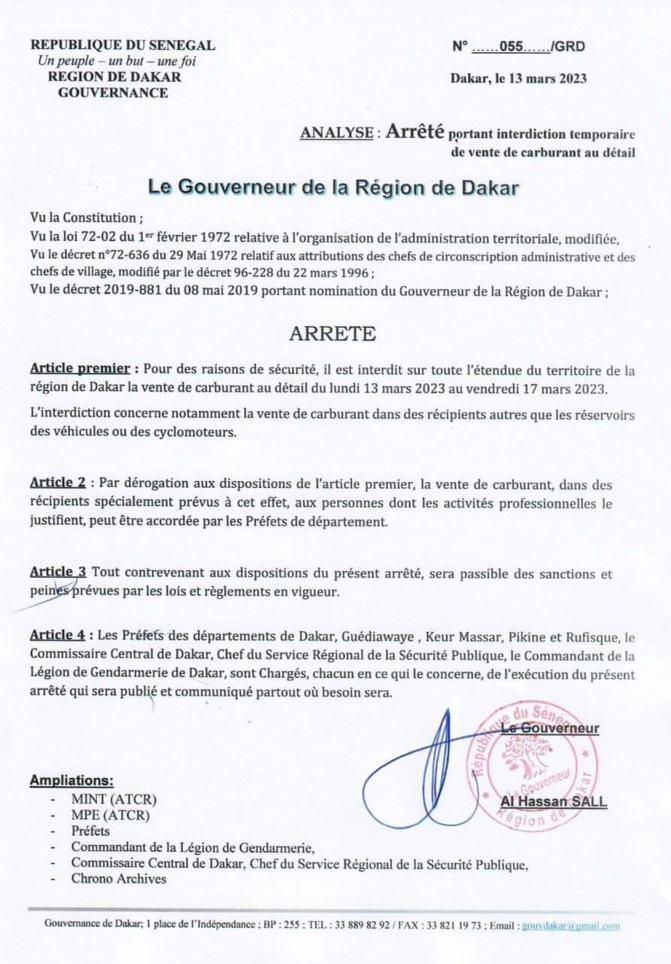 Interdiction temporaire de vente de carburant en détail: Arrêté du Gouverneur de Dakar