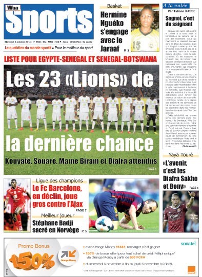 A la Une du Journal Waa Sports du mercredi 05 novembre 2014