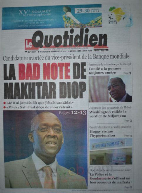 A la Une du Journal Le Quotidien du mercredi 05 novembre 2014 