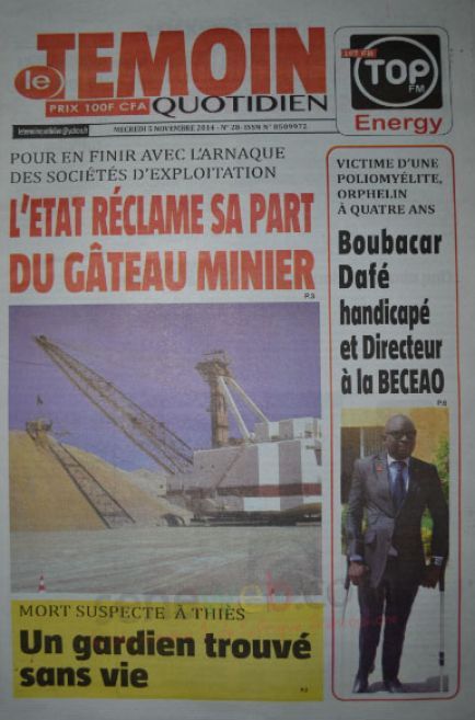 A la Une du Journal Le Témoin du mercredi 05 novembre 2014 