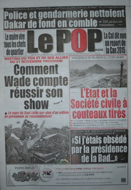 A la Une du Journal Le Populaire du mercredi 05 novembre 2014