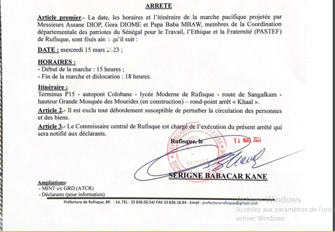 Préfet du département de Rufisque: Arrêté fixant la date, les horaires et l’itinéraire d’une marche pacifique