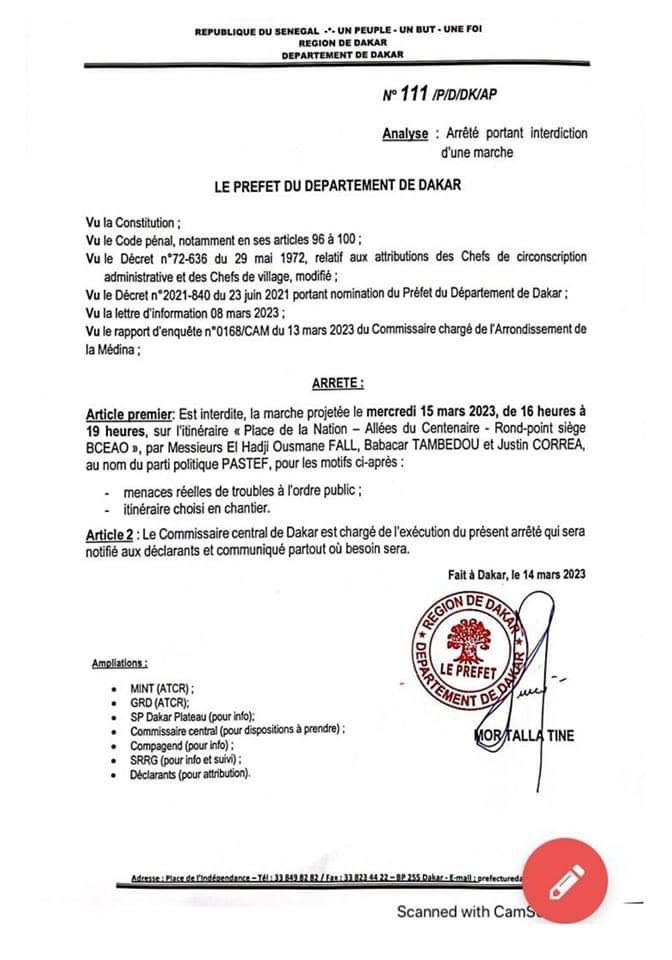 Interdiction de la marche de Pastef: Les raisons évoquées par le Préfet…