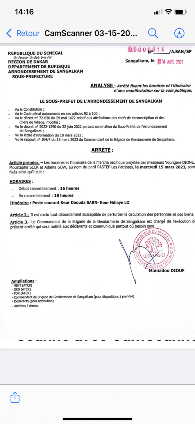 Manifestation : Le Préfet de Sangalkam fixe les horaires