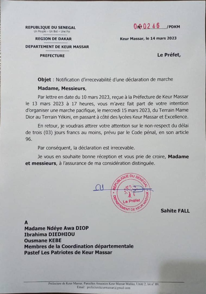 Keur Massar : Le Préfet décerne une notification d’irrecevabilité de la marche