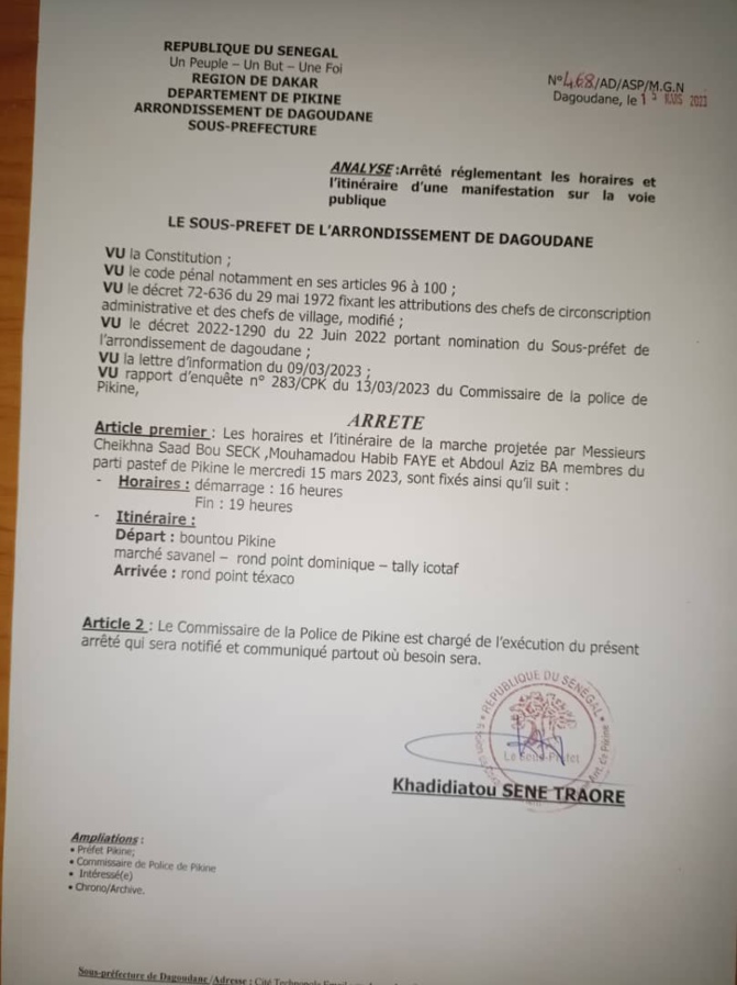 Arrondissement de Dagoudane Pikine : Arrêté réglementant les horaires et itinéraire d’une manifestation sur la voie publique.