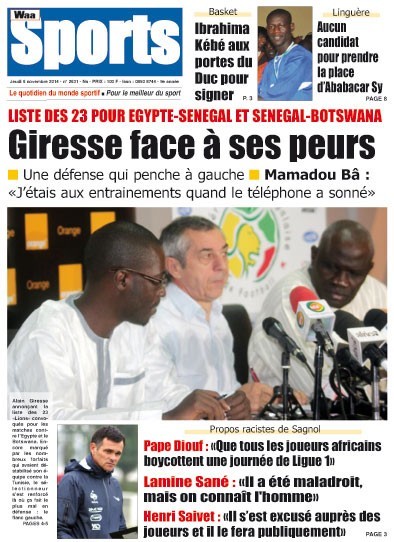 A la Une du Journal Waa Sports du jeudi 06 novembre 2014