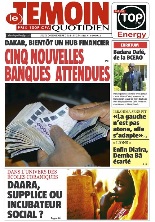 A la Une du Journal Le Témoin du jeudi 06 novembre 2014 