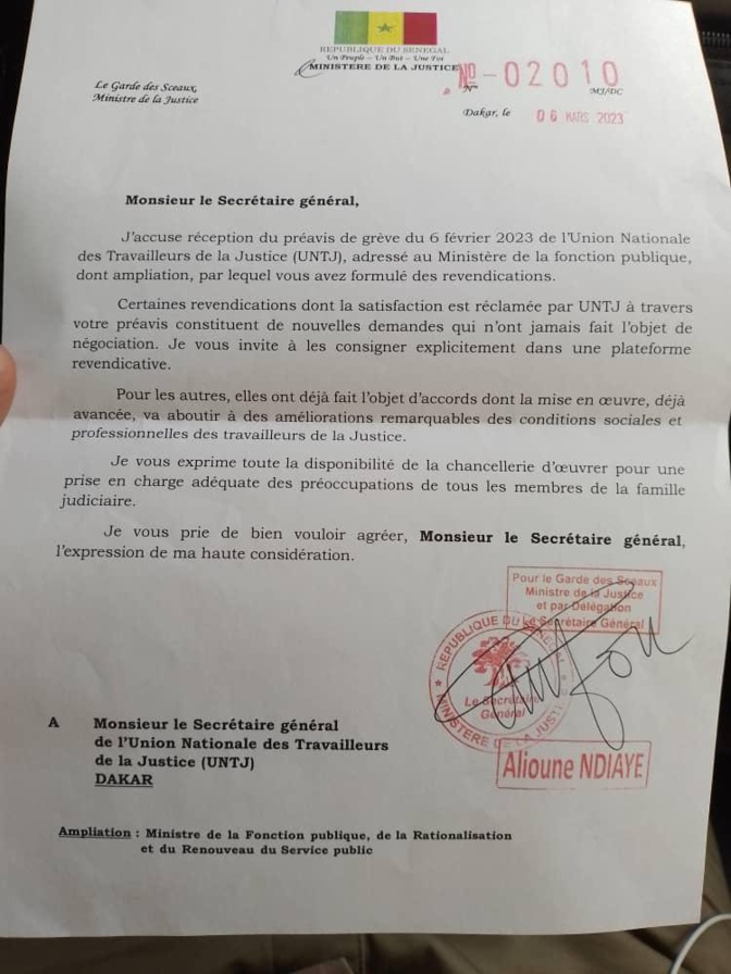 Justice: Réponse du Secrétaire général du Ministère de la Justice au nom du Garde des Sceaux à l’UNTJ