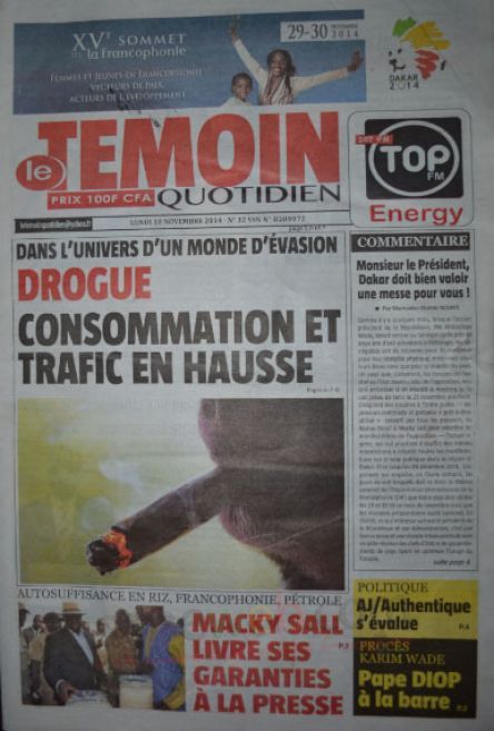A la Une du Journal Le Témoin du lundi 10 novembre 2014 