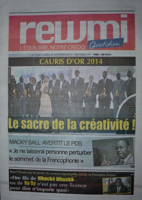 A la Une du Journal Rewmi du lundi 10 novembre 2014