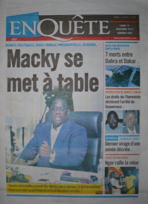 A la Une du Journal EnQuête du lundi 10 novembre 2014