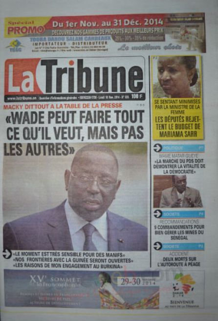 A la Une du Journal La Tribune du lundi 10 novembre 2014