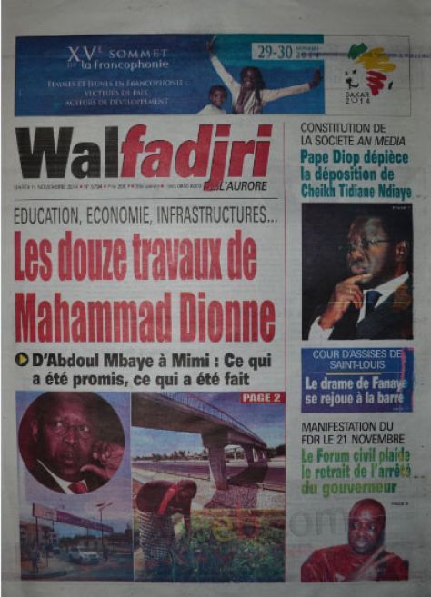 A la Une du Journal Walfadjri du mardi 11 novembre 2014