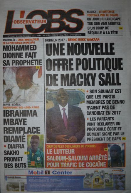 A la Une du Journal L'Observateur du mardi 11 novembre 2014