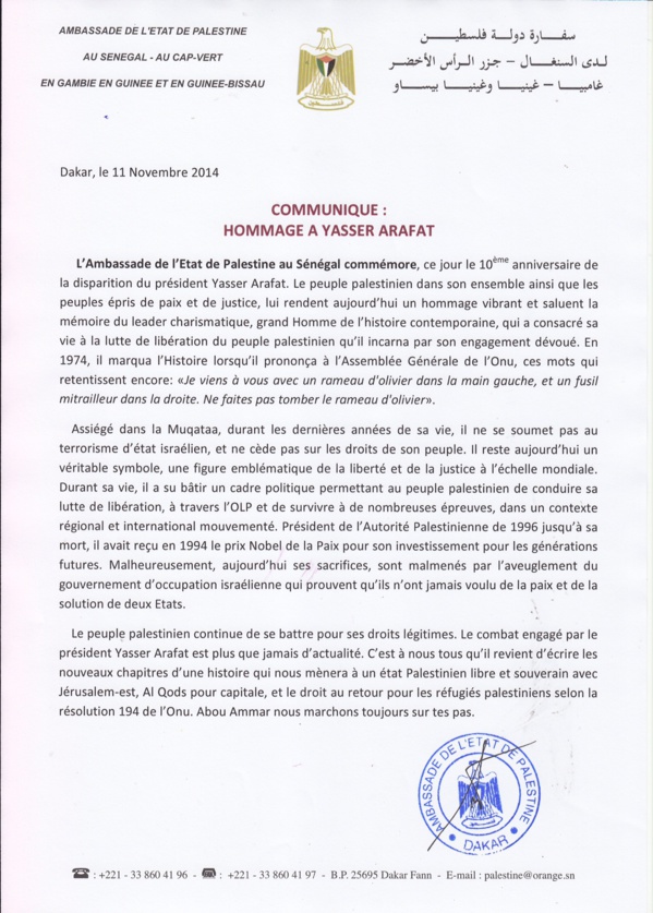 Communiqué : Hommage à Yasser Arafat