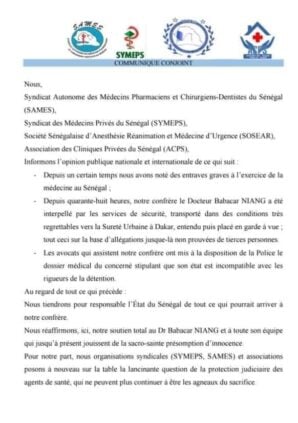 Arrestation de Dr. Babacar Niang / Les médecins haussent le ton : « Nous tiendrons pour responsable l’État… » Arrestation de Dr. Babacar Niang / Les médecins haussent le ton : « Nous tiendrons pour responsable l’État… »
