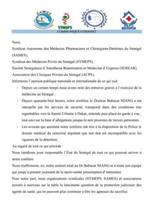 Arrestation de Dr. Babacar Niang / Les médecins haussent le ton : « Nous tiendrons pour responsable l’État… »