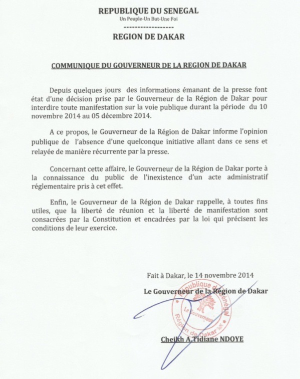 Le Gouverneur de Dakar dément avoir interdit toute manifestation sur la voie publique