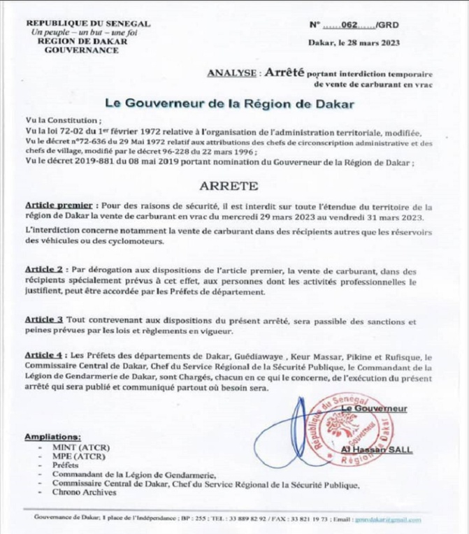Interdiction de la vente de carburant au détail : Le Gouverneur de Dakar reconduit la mesure du 29 au 31 mars